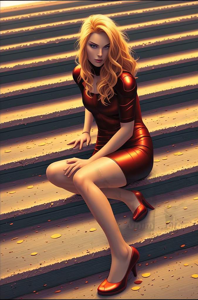 A woman with long, wavy blonde hair sits on a staircase, wearing a shiny red dress and red high heels, looking directly at the viewer.