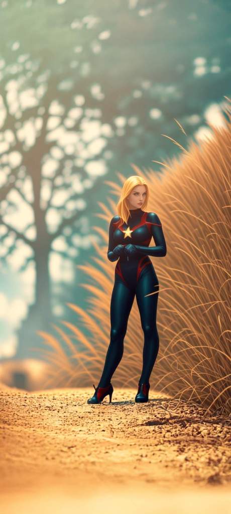 A female superhero standing confidently on a dirt path, surrounded by tall grass and trees in the background. She wears a black and red suit with a star emblem and high heels.