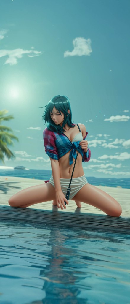 A digital illustration of a young woman wearing a plaid shirt and bikini, posing on a wooden deck by a pool with a sunny sky and palm trees in the background.
