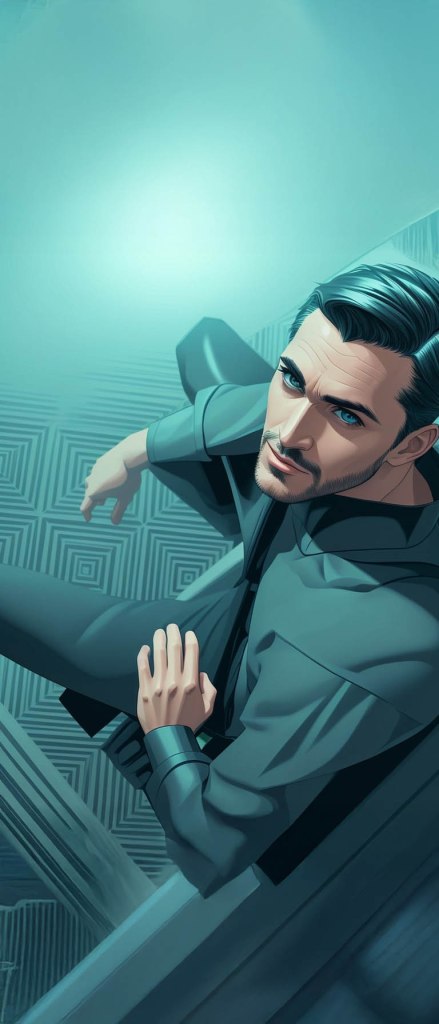An animated character with dark hair and piercing blue eyes sits on a staircase, wearing a dark outfit, looking thoughtfully upwards against a geometric patterned background.