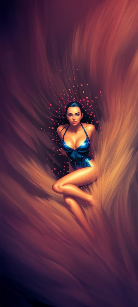 A digital illustration of a woman in a blue swimsuit, sitting gracefully with flowing abstract shapes around her, featuring vibrant colors and glowing accents.