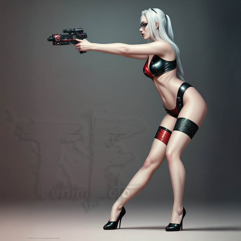A woman with long white hair in a black and red outfit aims a futuristic gun while standing in high heels.