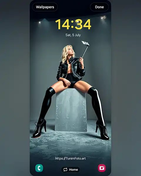 Mae – Fashionable Model in Leather Jacket: A Stylish Selfie; Download free phone wallpaper 9:21