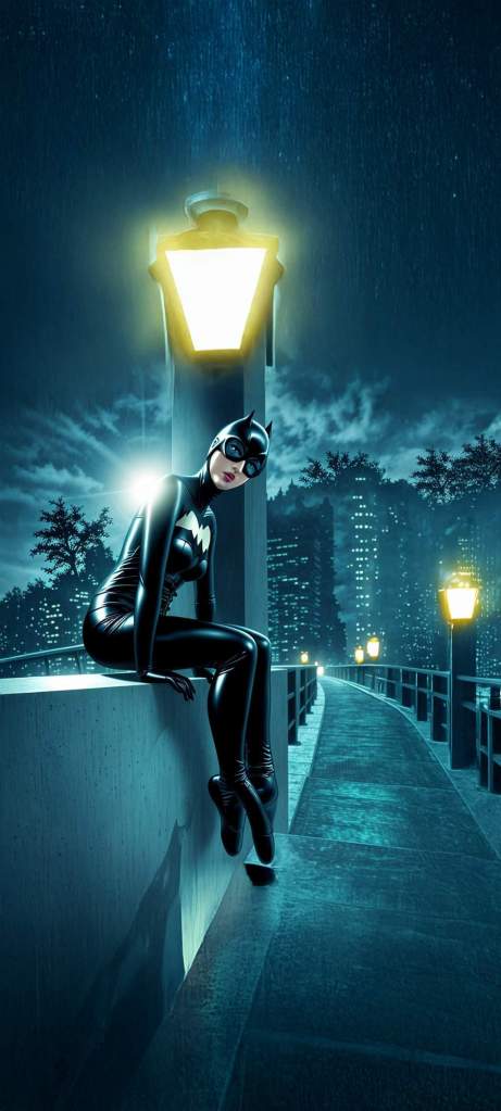 A stylized illustration of a cat-like character in a black catsuit, sitting on a ledge under a streetlight at night. The background features a cityscape with tall buildings and a dark, moody atmosphere.