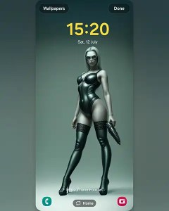 Mae: Confident Pose in Sleek Thigh-High StockingsMae with a gun; atelier; Download free phone wallpaper&nbsp;9:21