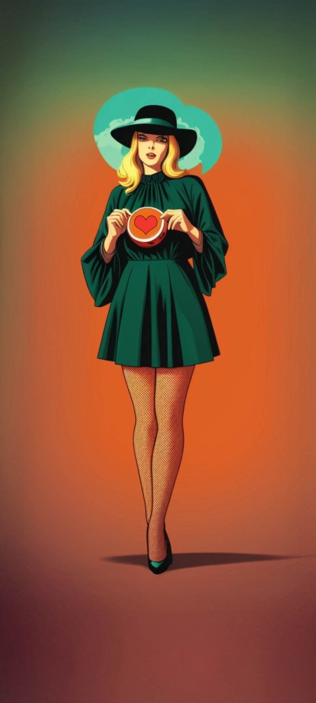 A fashionable woman in a green dress and hat, holding a circular plate with a heart design, set against a gradient orange background.