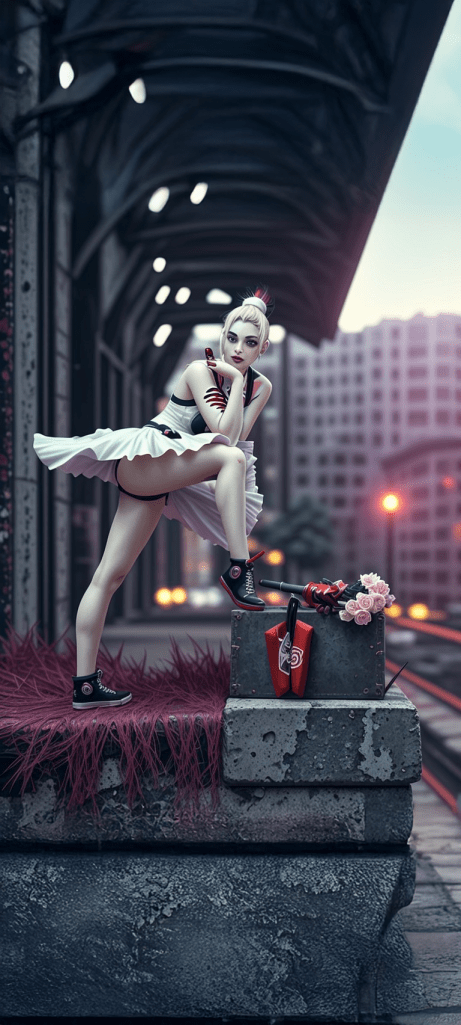 A stylish female figure in a playful outfit, seated on a concrete block with one leg up, surrounded by urban scenery featuring distant buildings and soft lighting.