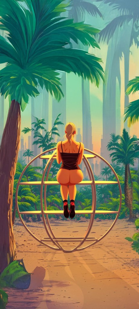 A woman sitting in a circular swing surrounded by tropical palm trees, facing a serene landscape with a sunset in the background.