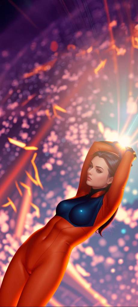 A female character in a form-fitting orange suit striking a pose with her arms raised, illuminated by colorful light patterns in the background.