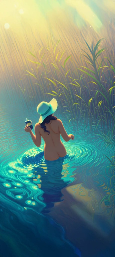 A woman with long hair wearing a wide-brimmed hat stands in a serene body of water surrounded by tall grasses, holding a drink and creating ripples in the water.