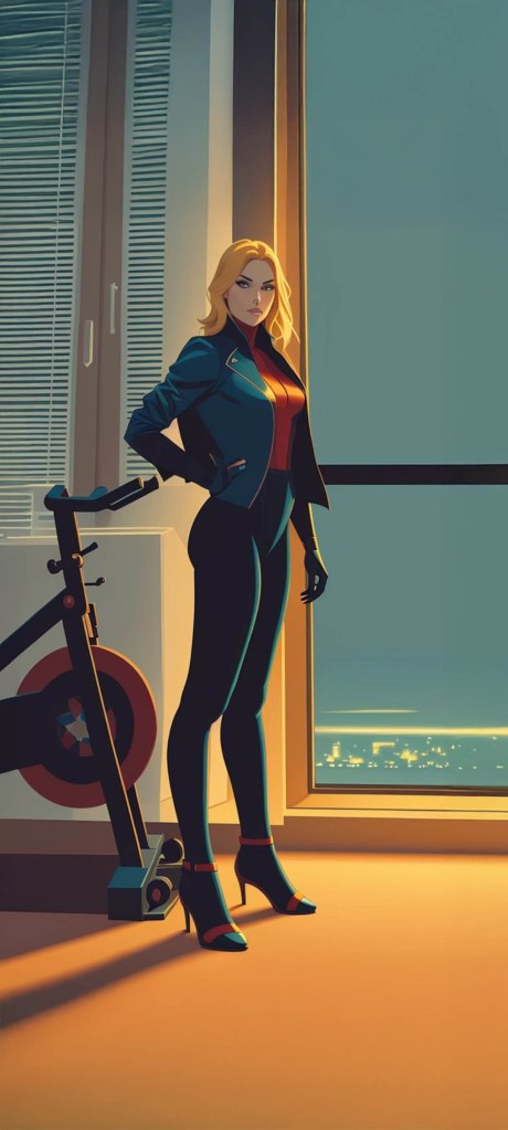 MAE the supermodel as comics character - confident woman with blonde hair stands next to a stationary bicycle in a modern room, wearing a stylish outfit that includes a leather jacket and high-heeled shoes, with a city skyline visible through the window.
