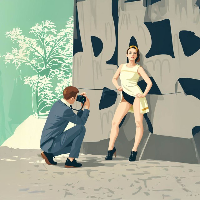 A photographer captures a model posing in front of a textured wall, showcasing a blend of fashion and art.