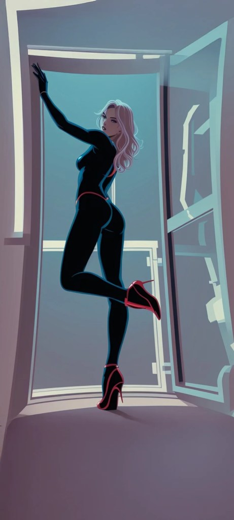 Stylized illustration of a woman in a black bodysuit, striking a pose near a window with blue lighting.
