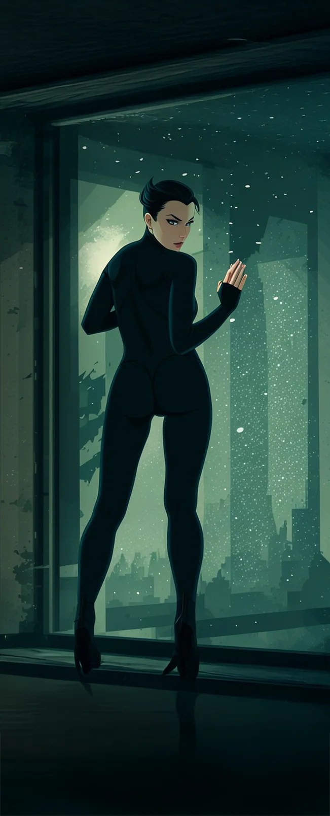 MAE – Stylish Animated Figure Against Snowy Cityscape; urbex; wallpaper
