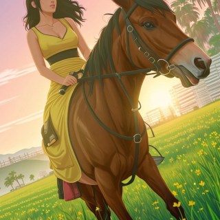 ELA: Woman in Yellow Dress Riding Horse at Sunset, wallpaper