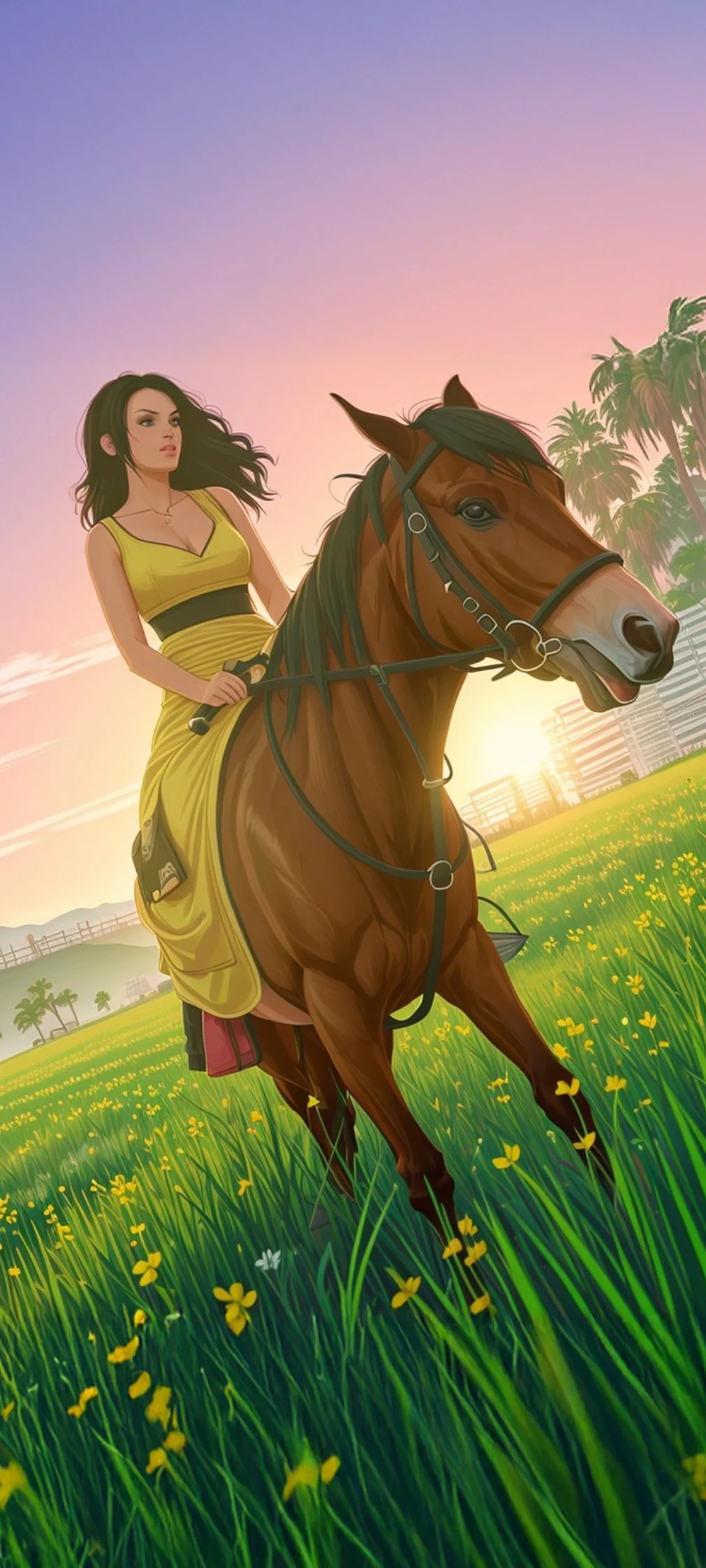 ELA: Woman in Yellow Dress Riding Horse at Sunset,&nbsp;wallpaper
