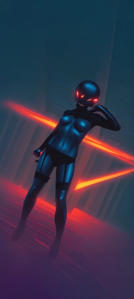 A sleek, futuristic humanoid figure with a shiny black suit and glowing red eyes, posed suggestively against a backdrop of soft blue and vibrant red lights.