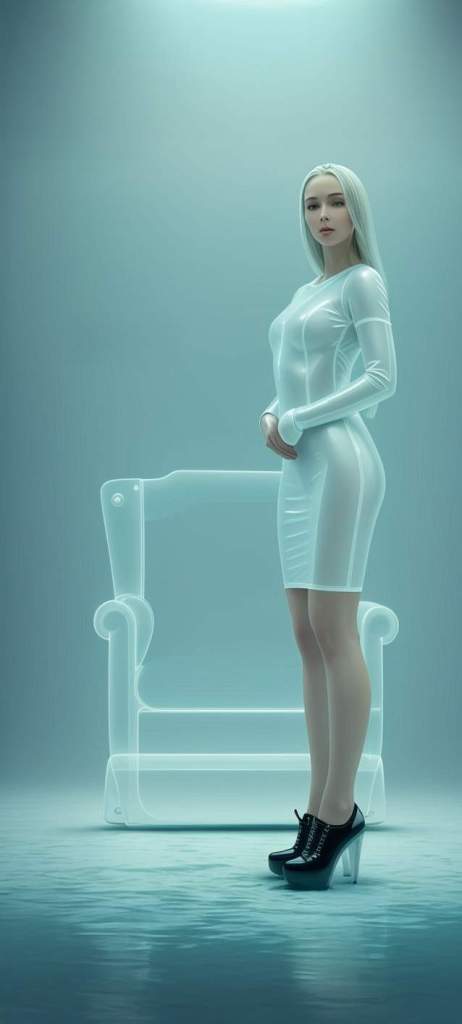 A digitally rendered image of a woman with long white hair, wearing a form-fitting white dress and black high-heeled shoes, standing beside a transparent chair in a softly lit environment.
