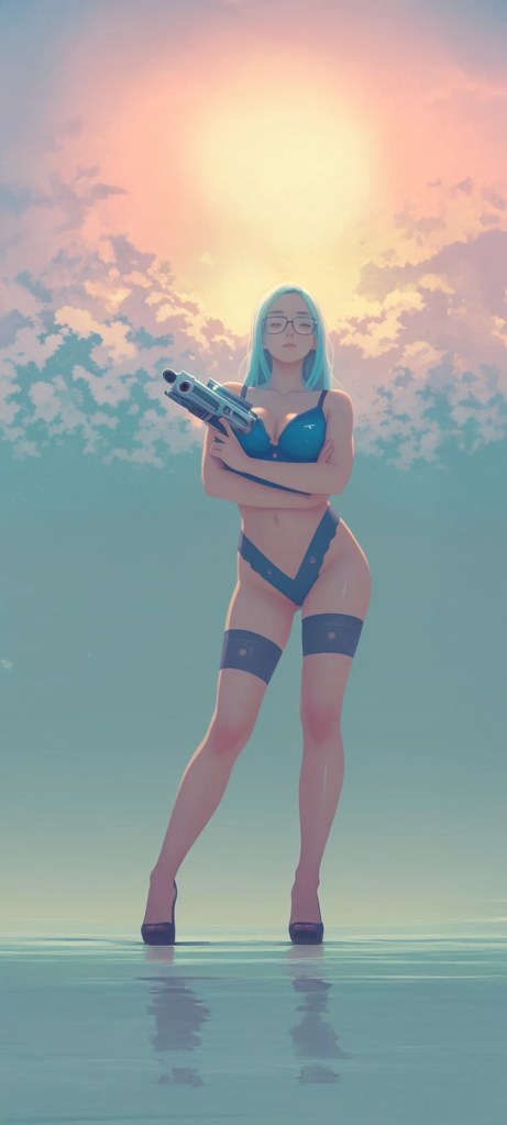 A digital illustration of a manga woman with blue hair wearing glasses, a blue bikini, and black stockings, holding a futuristic gun against a colorful sunset background.