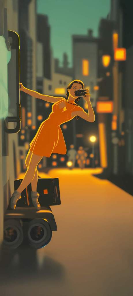 A woman in an orange dress poses playfully while holding a camera, standing on a cart in a vibrant urban setting filled with soft glowing lights.