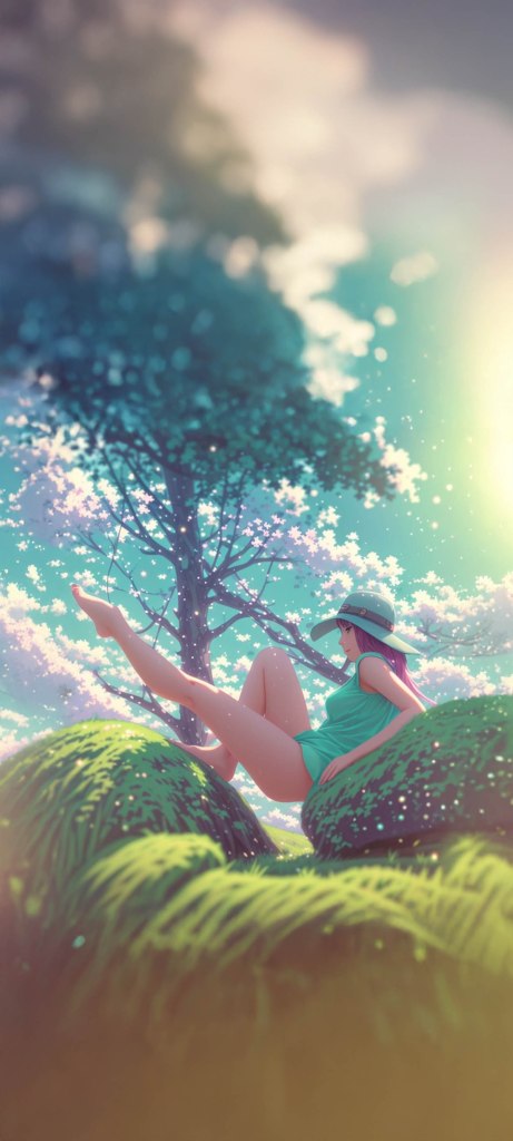 A young woman lounging on a grassy hill, wearing a green tank top and a hat, surrounded by lush greenery and a pastel sky with fluffy clouds.