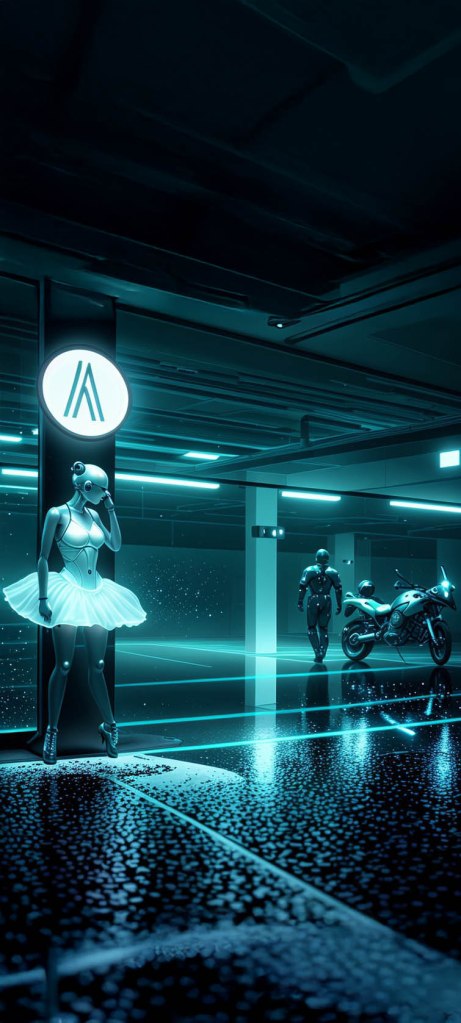 A futuristic scene in a parking garage featuring a humanoid robot dressed in a tutu and another robot standing near a motorcycle. The setting is illuminated with blue neon lights, creating a high-tech atmosphere.