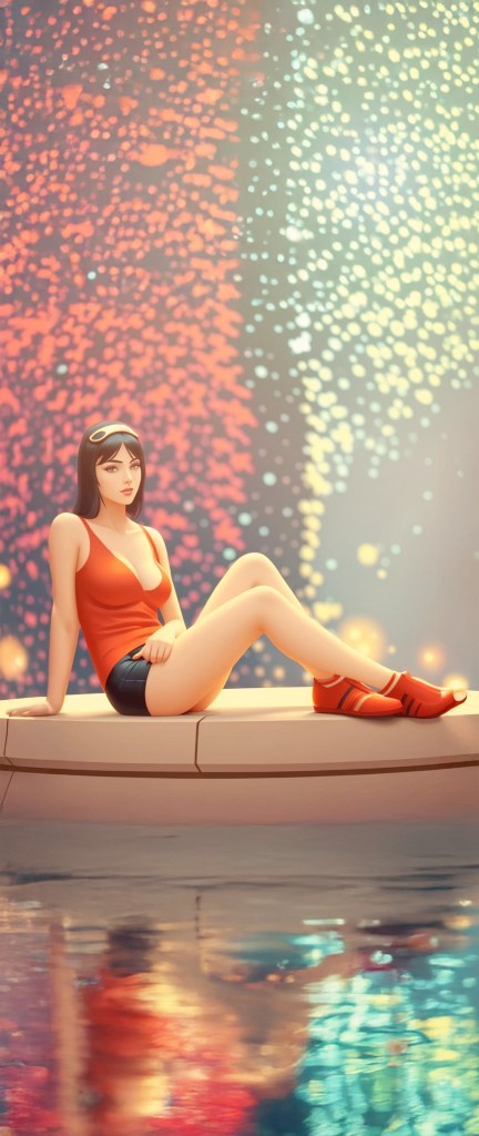 A digital illustration of a woman in a red tank top and shorts, sitting on a ledge by a pool. She has dark hair and is wearing sunglasses, with colorful bokeh lights in the background.