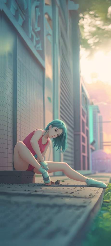 A young ballerina with teal hair, dressed in a red outfit, sits by a wall, working with her hands on the points. The setting is urban with soft lighting, suggesting dawn or dusk.