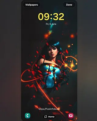 BEA – Exploring Digital Portraits: Woman with Blue Hair and Leaves; phone&nbsp;wallpaper