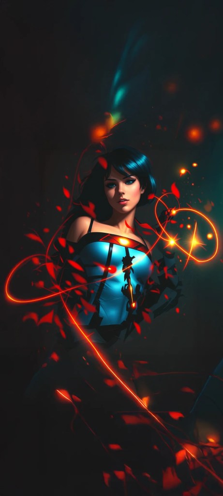 A digital artwork featuring a woman with blue hair, surrounded by swirling red leaves and glowing light trails against a dark background.