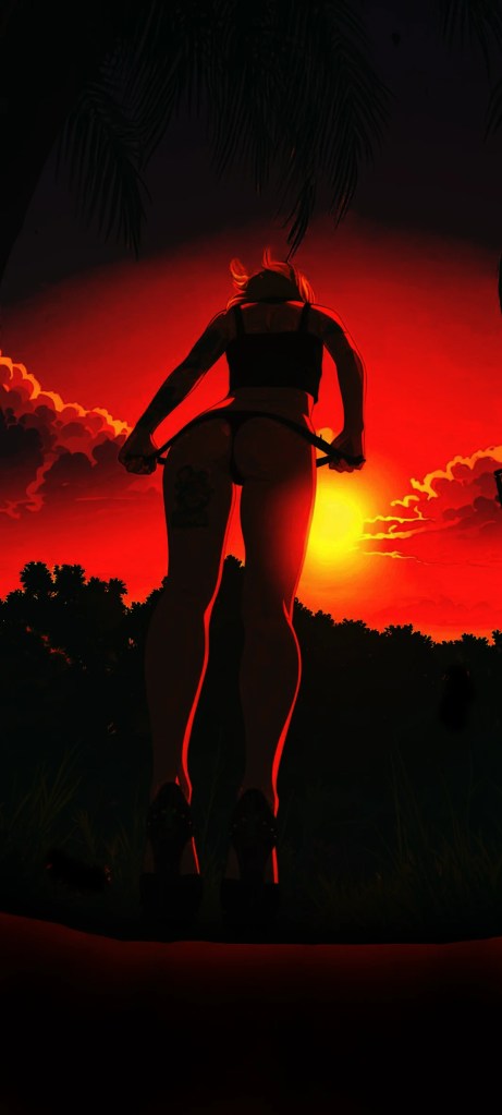 Silhouette of a young woman standing with their back to the viewer at sunset, surrounded by lush greenery.