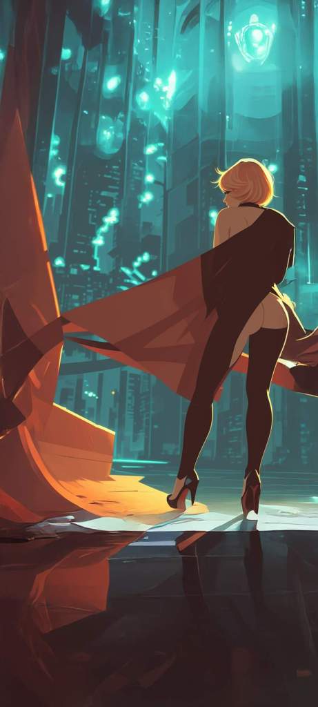 A stylized digital artwork of a woman with short hair wearing a black outfit, standing in a futuristic cityscape illuminated by blue lights.