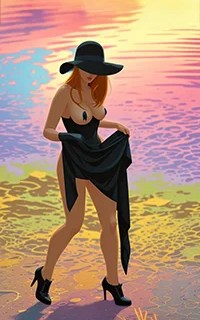 MAE – Elegant Woman in Black Hat and Outfit at Sunset; wallpaper