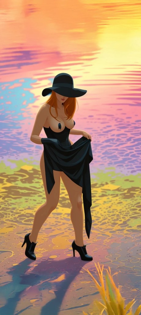 A figure of a woman in a wide-brimmed hat, holding a black garment, standing by a colorful body of water at sunset.