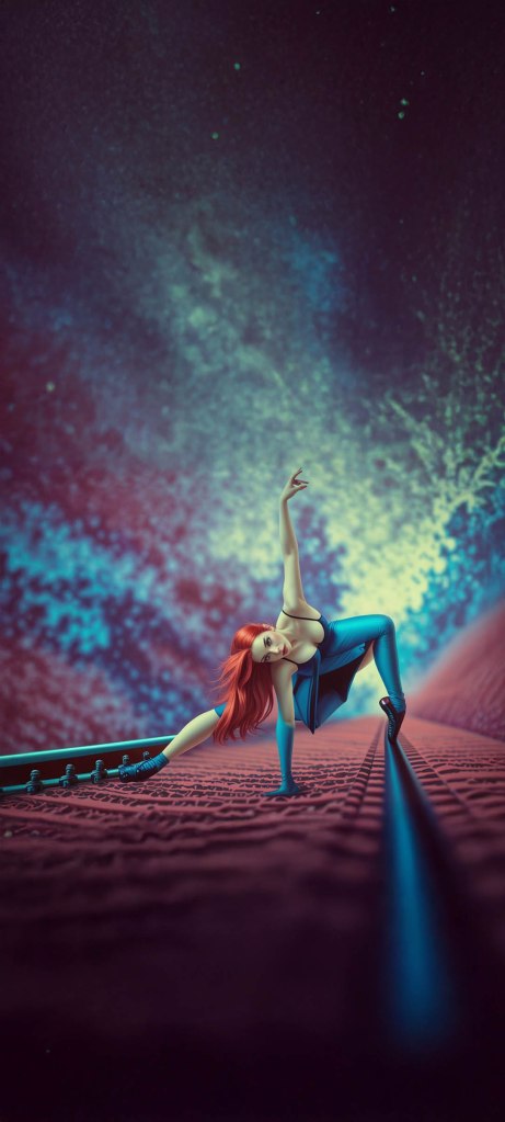 A stylized ballerina figure with red hair poses dramatically on a vibrant, colorful background that resembles a cosmic scene.