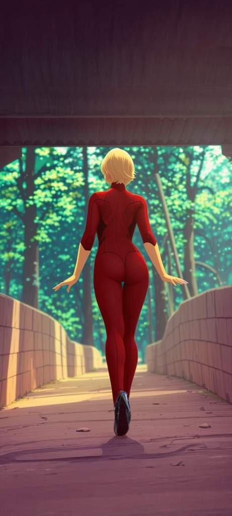 A stylized illustration of a woman in a red outfit walking away along a path in a lush green forest.