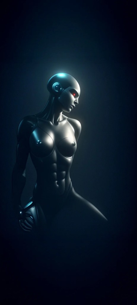 A futuristic female robot figure with a sleek black design and glowing elements, set against a dark background.