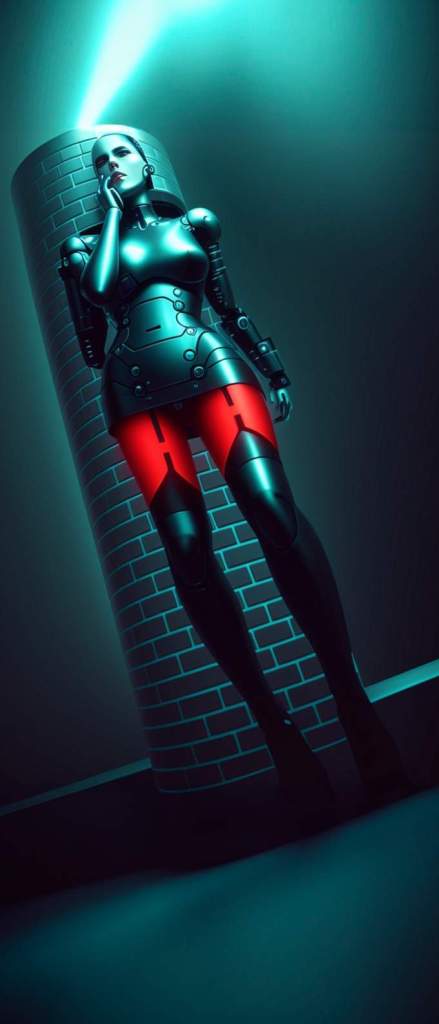 A futuristic robot figure striking a pose, with metallic body and glowing red accents on the legs, standing next to a brick column in an illuminated blue environment.