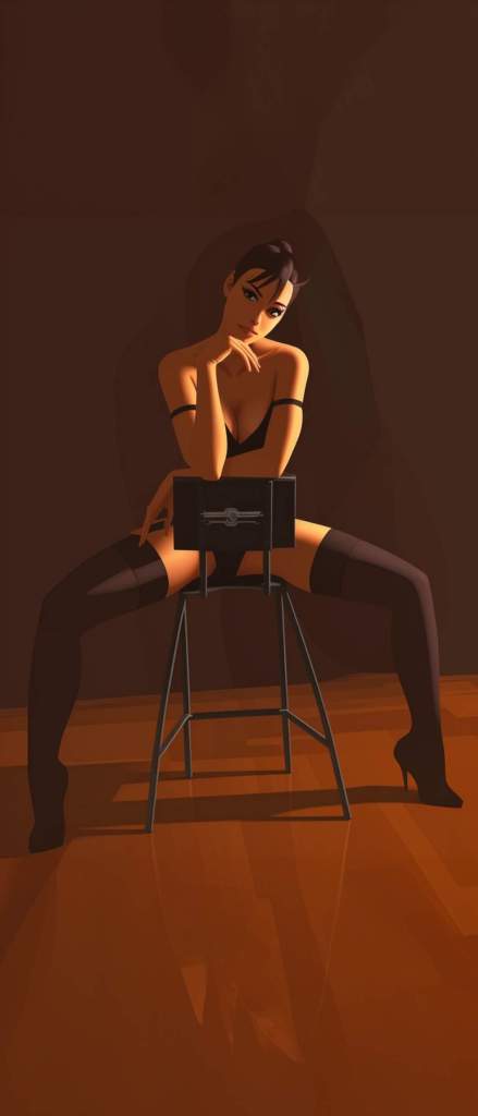 A stylized illustration of a woman in lingerie sitting provocatively on a stool, with a focused expression, set against a dark background.