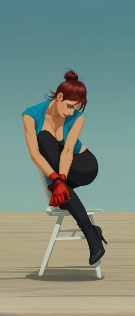 A stylized female figure sitting on a white chair, wearing a blue top, black leggings, and high-heeled boots, with her hands tied in red gloves and her head lowered.