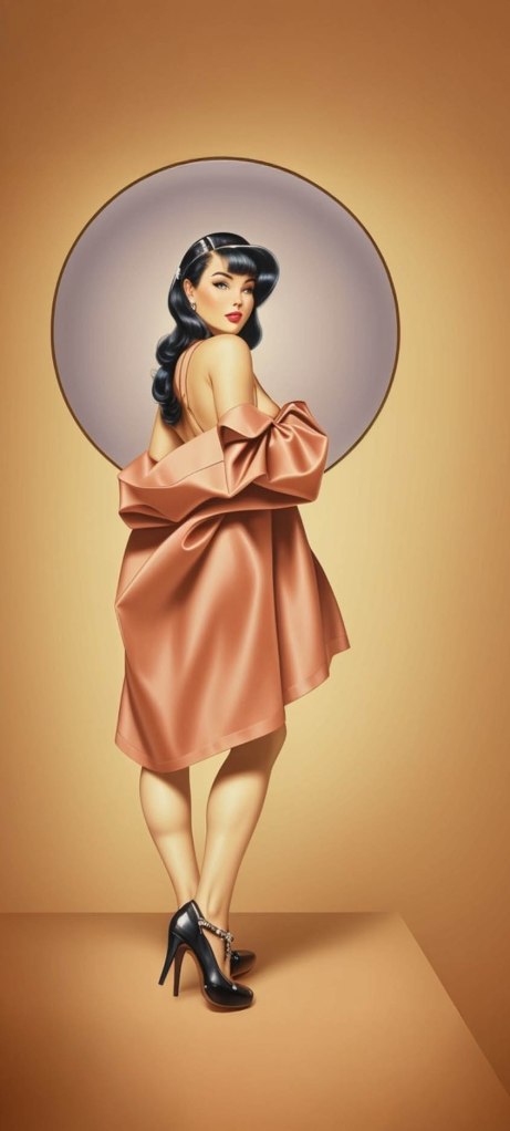 A glamorous woman with wavy black hair wearing a flowing peach dress and high heels, striking a pose against a soft, circular background.