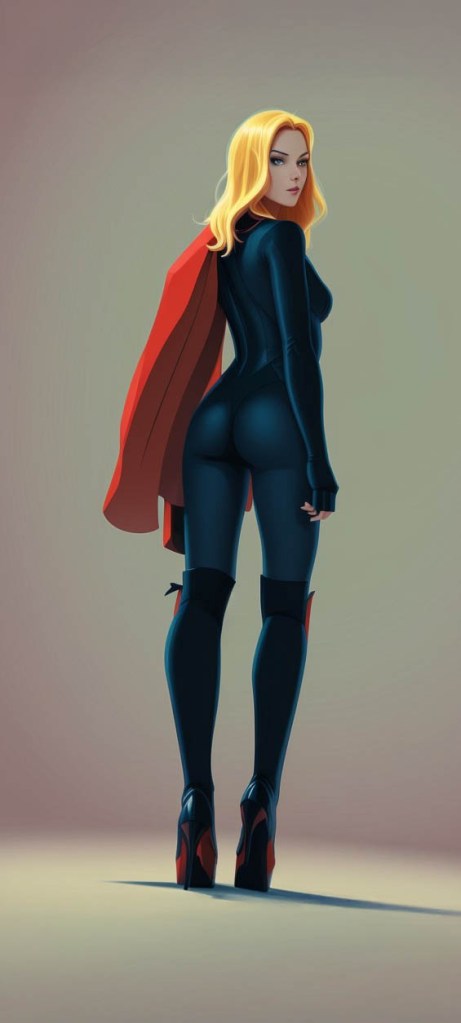 A stylized female superhero character with long blonde hair, wearing a black suit and a red cape, posing confidently with a slight turn to her side.