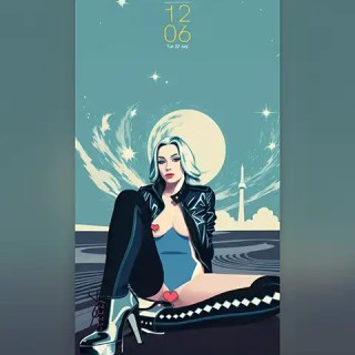 MAE as stylized illustration of a woman in a leather jacket and high heels; Download free phone wallpaper 9:21
