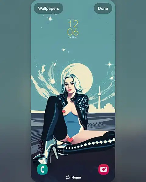 MAE as stylized illustration of a woman in a leather jacket and high heels; Download free phone wallpaper&nbsp;9:21