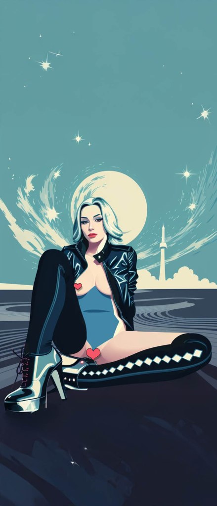 A stylized illustration of a woman sitting on the ground, wearing a black leather jacket and high-heeled boots, with blue skin-tight pants featuring a diamond pattern. She has long hair and is posed against a backdrop of a large moon and stylized swirling clouds.