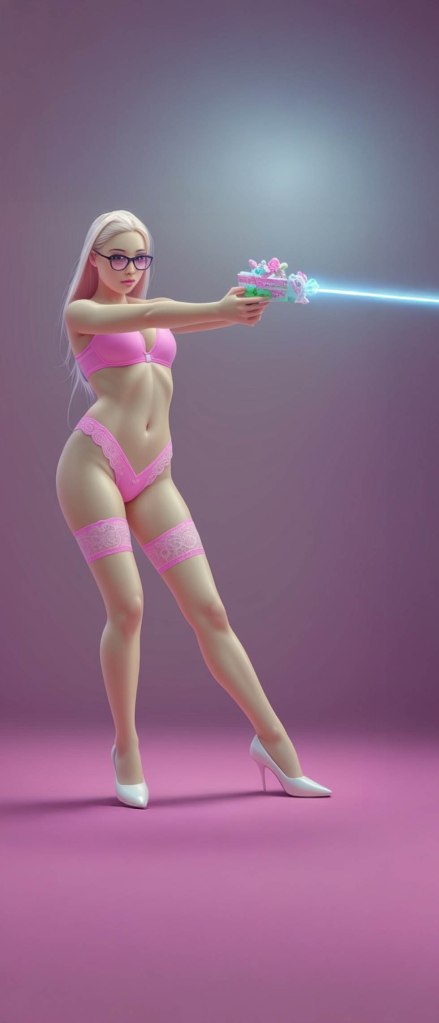 A stylized female character in pink lingerie and heels, holding a toy gun that emits a blue beam of light against a purple background.