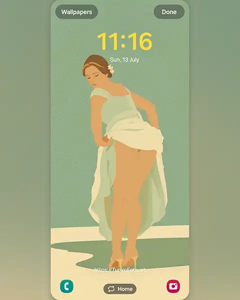 MAE as Stylized illustration of a woman adjusting her dress, showcasing elegance and grace; Download free phone wallpaper&nbsp;9:21