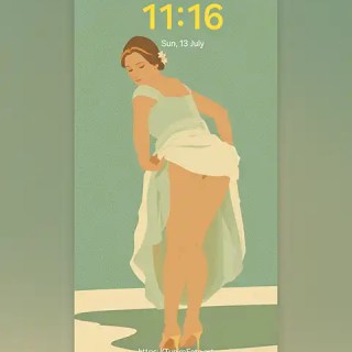 MAE as Stylized illustration of a woman adjusting her dress, showcasing elegance and grace; Download free phone wallpaper 9:21