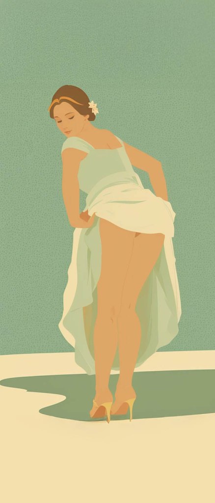 A stylized illustration of a woman in a flowing light dress, looking back over her shoulder, with a soft background in pastel colors.