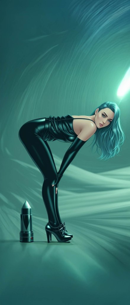 A stylized illustration of a woman in a tight black outfit with high heels, posing with a confident expression, set against a soft green background with a nearby metallic object.